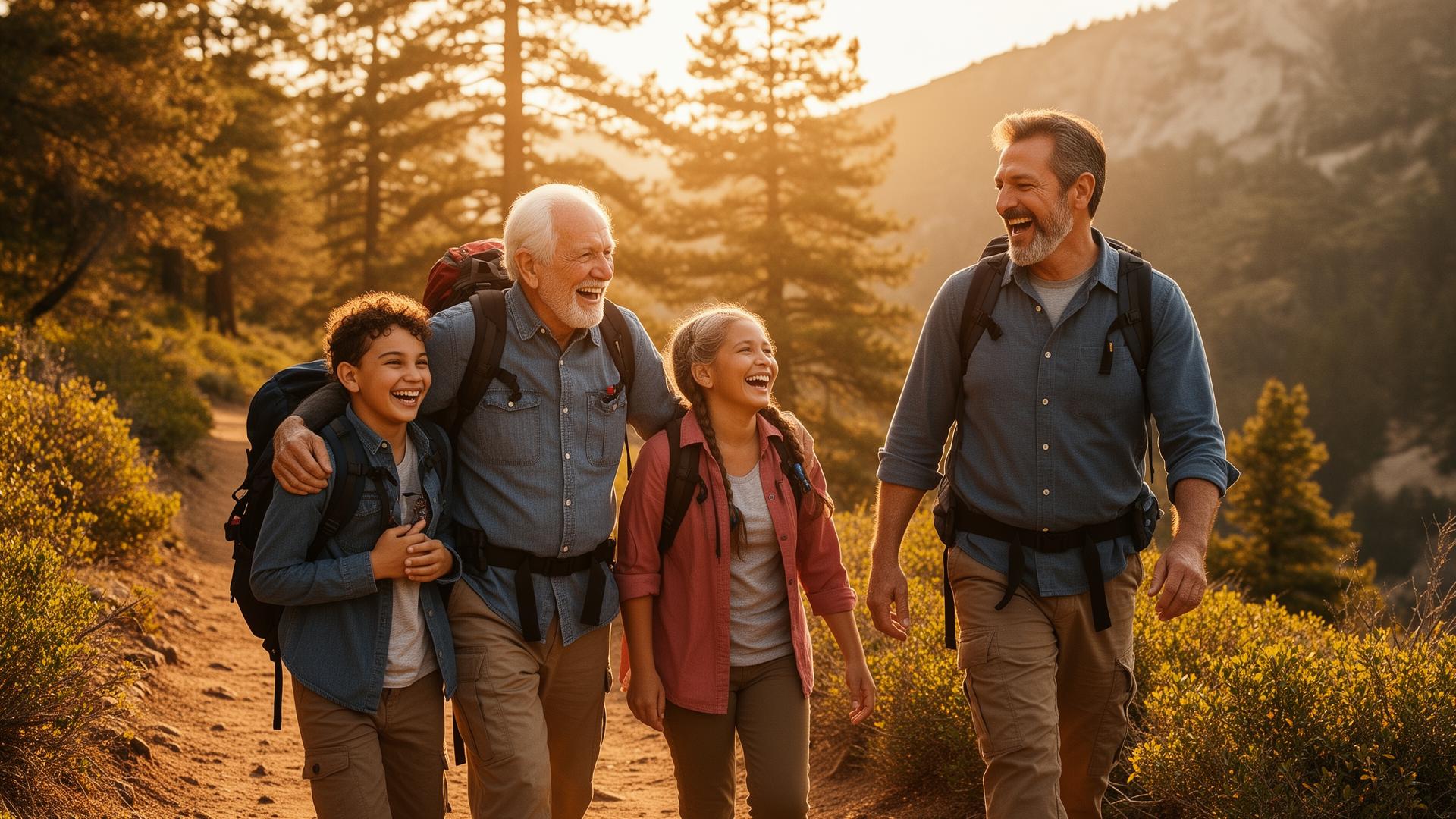A multigenerational American family hiking together at golden hour
